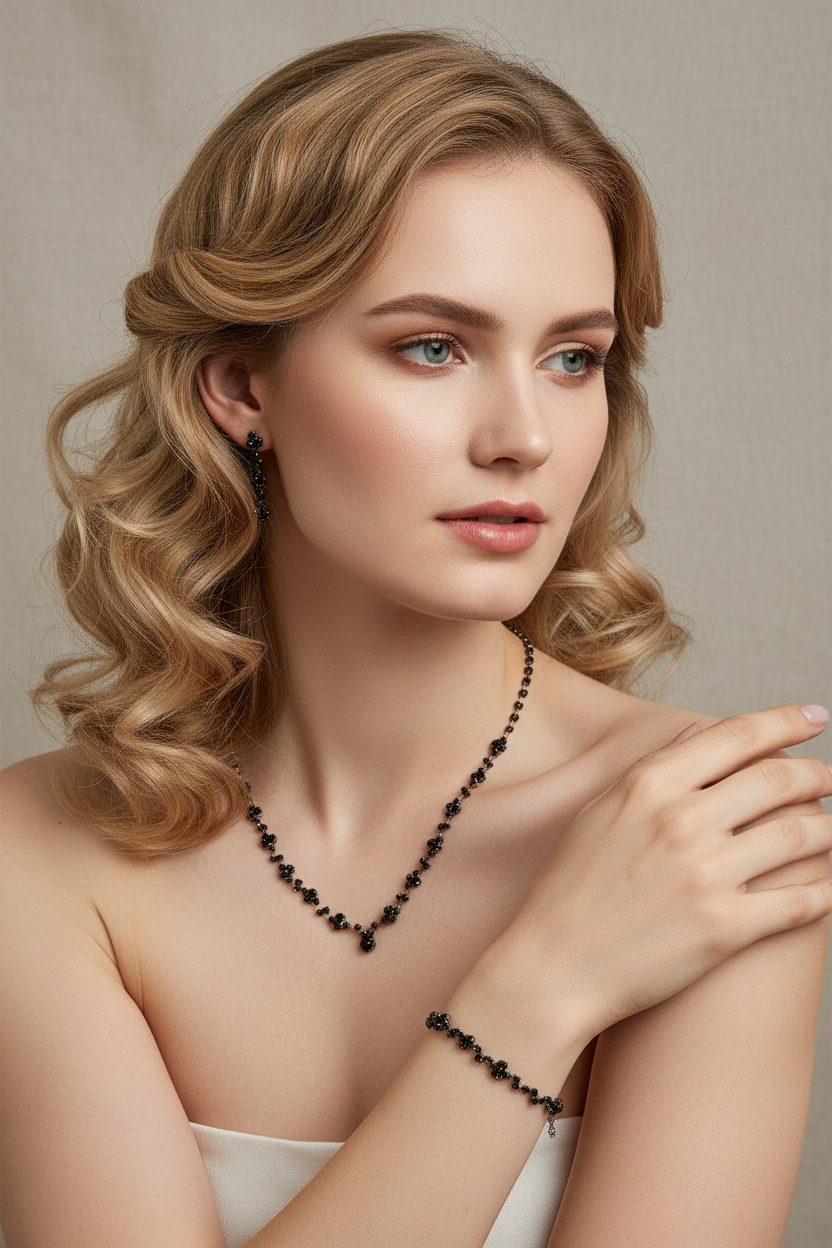 Brautschmuck Set Schwarz – Halskette, Armband & Ohrringe mit Strass | Rhodium Look | ONDEGO®
