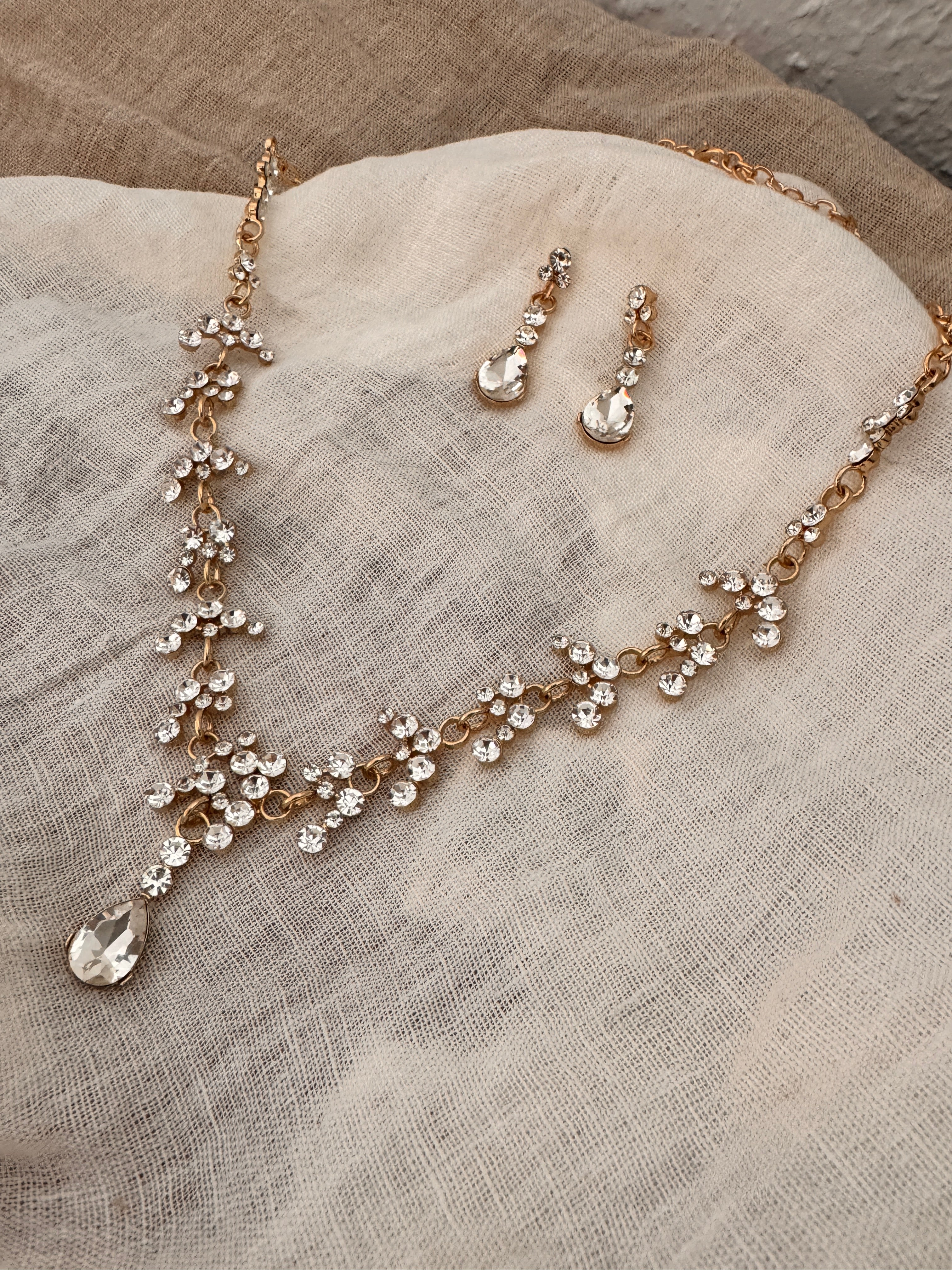 Schmuckset Gold mit Strass – Halskette & Ohrringe | Brautschmuck Hochzeit Damen