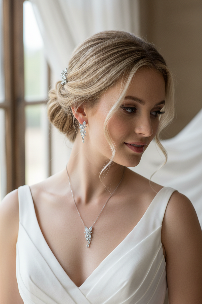 Brautschmuck Set Silber – Zirkonia Kette & Ohrringe 3,5 cm filigran elegant | ONDEGO®