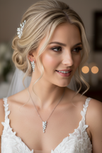 Brautschmuck Set Silber – Zirkonia Kette & Ohrringe 3,5 cm filigran elegant | ONDEGO®