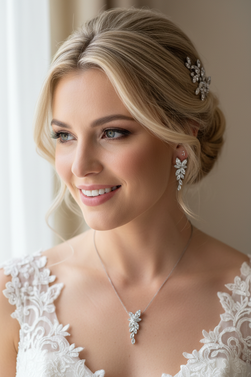 Brautschmuck Set Silber – Zirkonia Kette & Ohrringe 3,5 cm filigran elegant | ONDEGO®