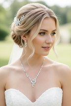 Brautschmuck Set Silber mit Zirkonia – Halskette & Ohrringe im Blätterdesign