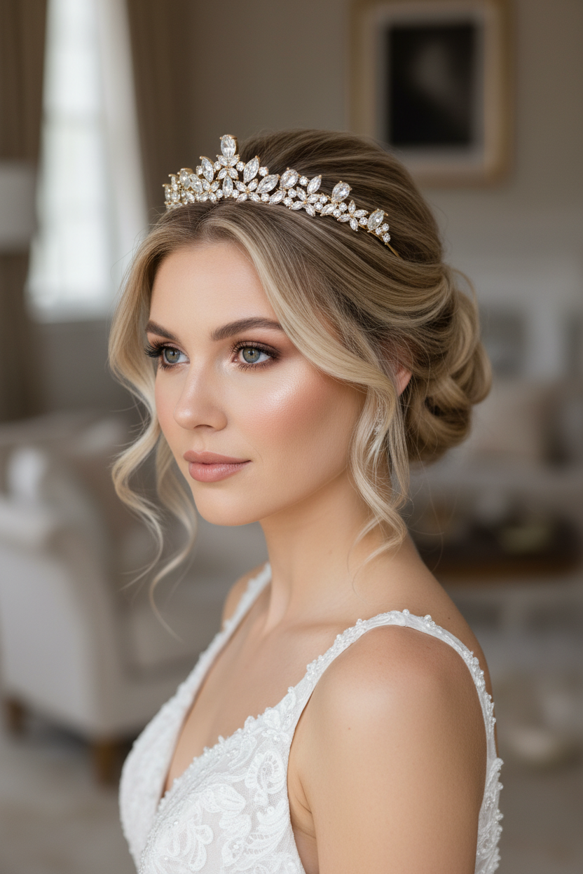 Diadem Gold – AAA+ Zirkonia Tiara 3,5 cm Braut Haarschmuck | ONDEGO®