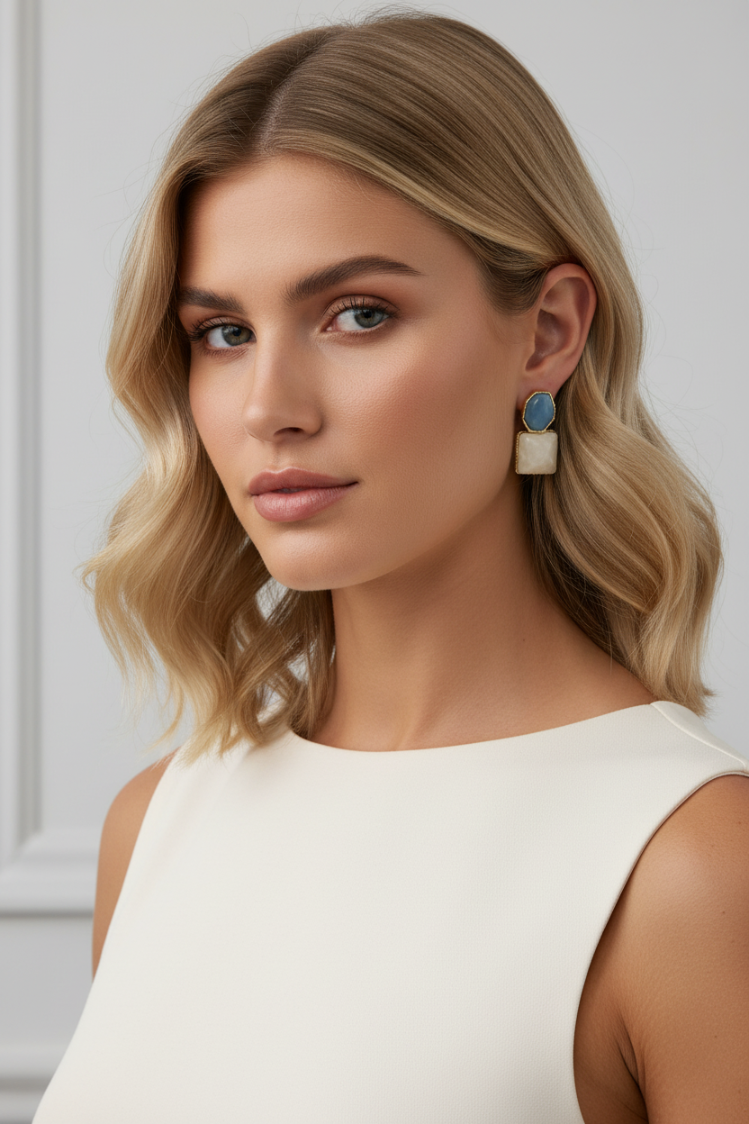 Statement-Ohrringe Hellblau & Ivory – goldfarbene Ohrstecker für Damen