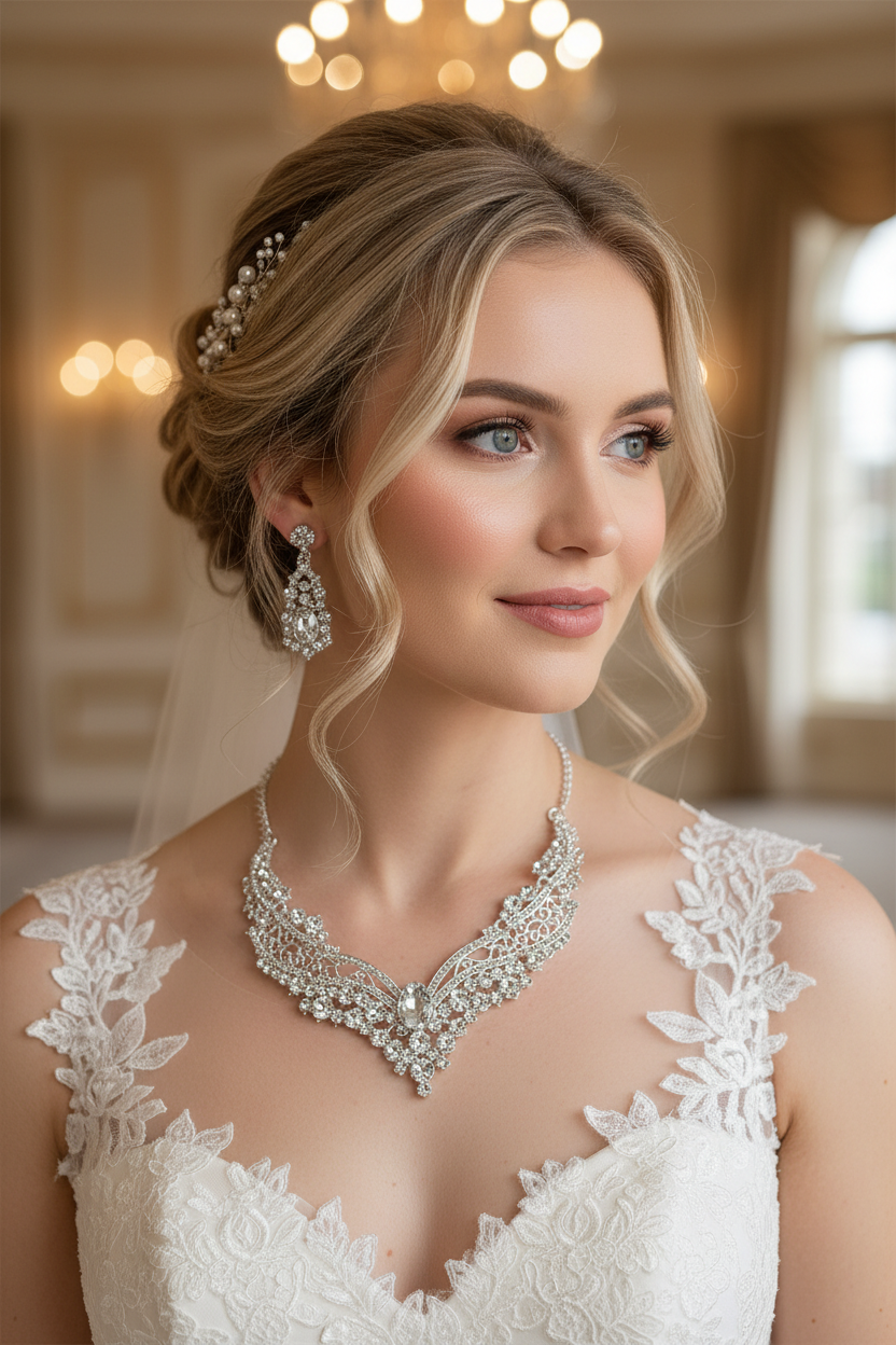 Auffälliges Schmuckset Halskette & Ohrringe Silber – glamouröser Brautschmuck | ONDEGO®