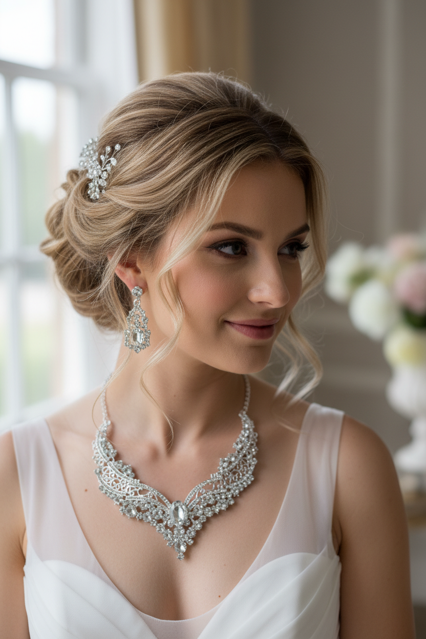 Auffälliges Schmuckset Halskette & Ohrringe Silber – glamouröser Brautschmuck | ONDEGO®