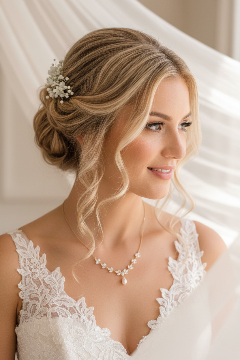 Halskette Gold mit Perle & Zirkonia – filigrane Brautkette im Blätterdesign