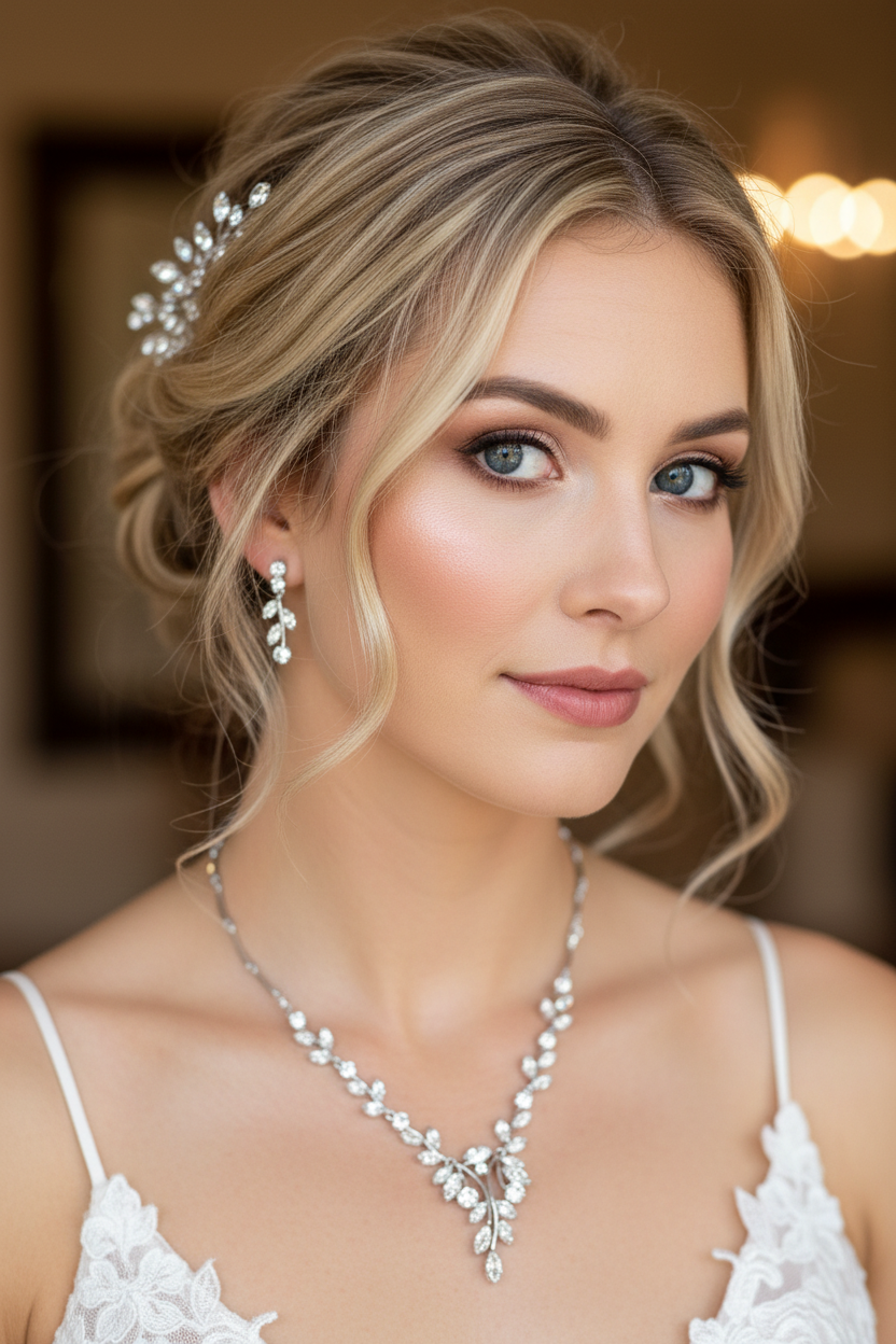 Brautschmuck Set Silber mit Zirkonia – Halskette & Ohrringe im Blätterdesign