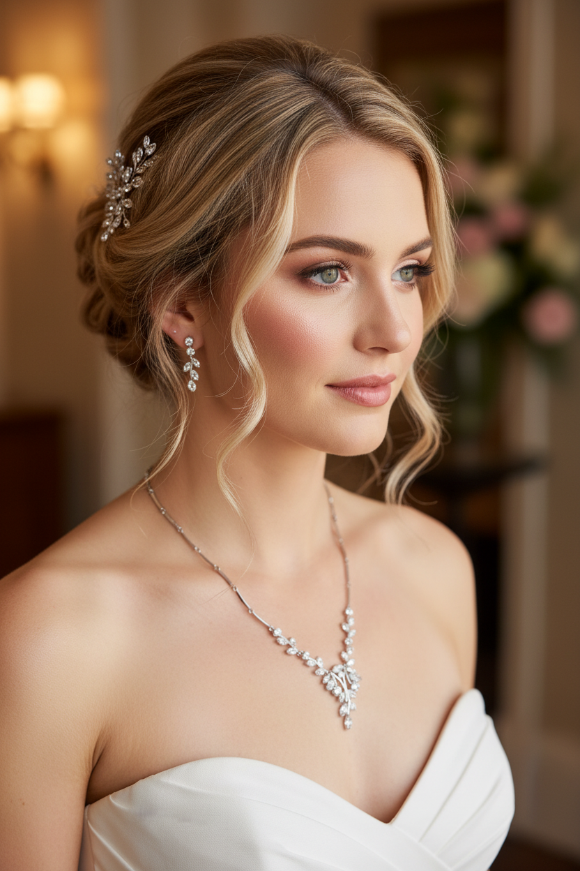 Brautschmuck Set Silber mit Zirkonia – Halskette & Ohrringe im Blätterdesign