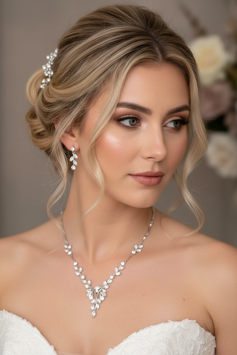 Brautschmuck Set Silber mit Zirkonia – Halskette & Ohrringe im Blätterdesign