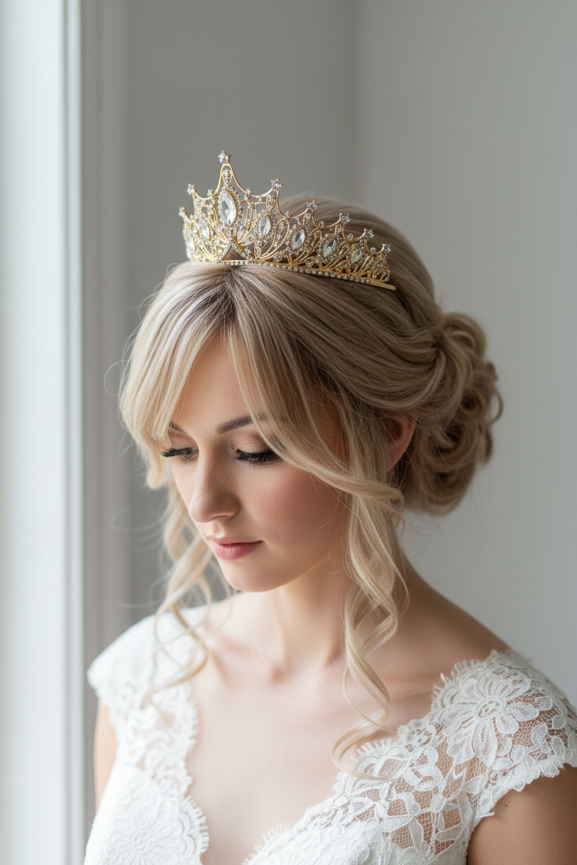 Braut Diadem Gold 6 cm – Strass Krone mit Ösen | ONDEGO®