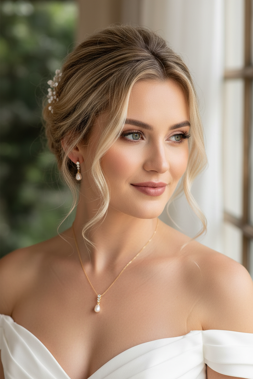 Brautschmuck Set Gold – Perle & Strass Kette und Ohrringe elegant | ONDEGO®