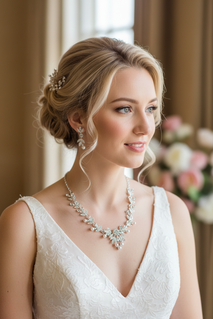 Strass & Perlen Schmuckset Silber – Collier & Ohrringe im eleganten Blätterdesign | ONDEGO®