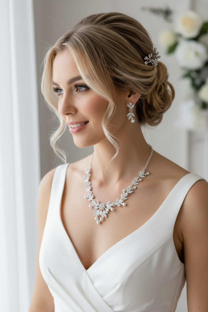 Strass & Perlen Schmuckset Silber – Collier & Ohrringe im eleganten Blätterdesign | ONDEGO®