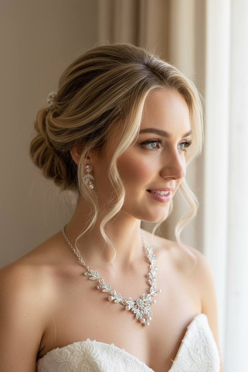 Strass & Perlen Schmuckset Silber – Collier & Ohrringe im eleganten Blätterdesign | ONDEGO®