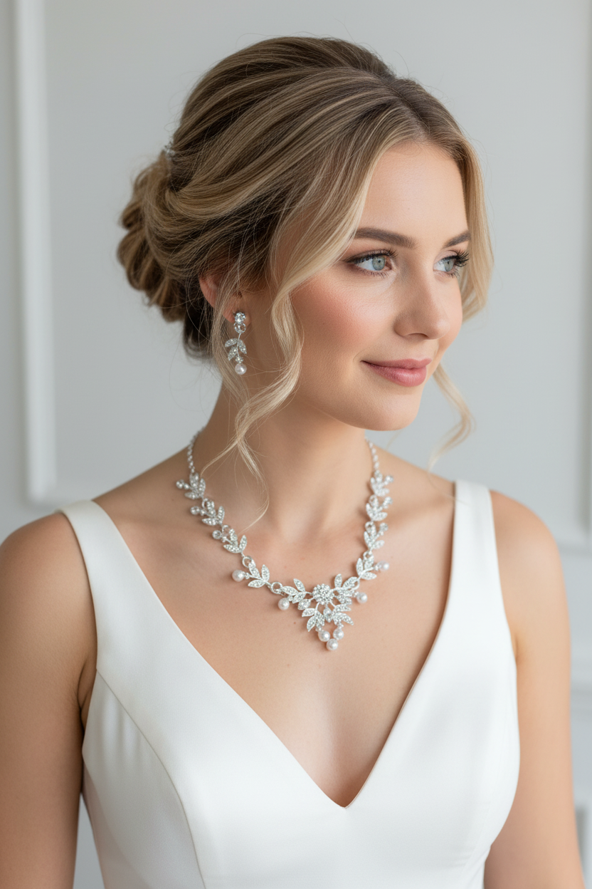 Strass & Perlen Schmuckset Silber – Collier & Ohrringe im eleganten Blätterdesign | ONDEGO®