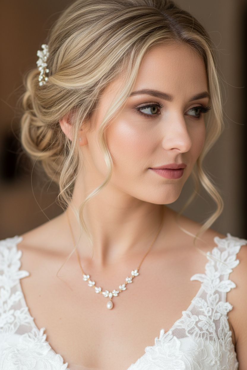 Halskette Gold mit Perle & Zirkonia – filigrane Brautkette im Blätterdesign