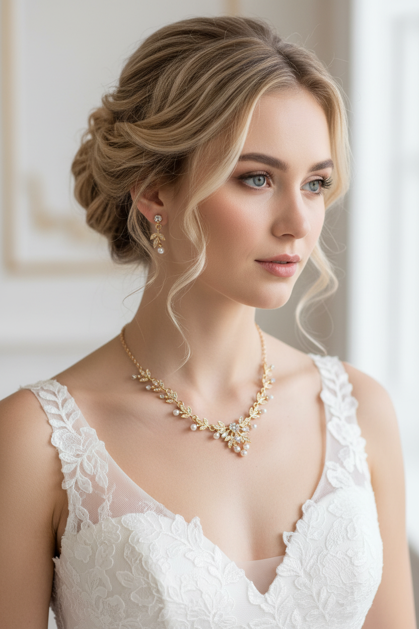 Strass & Perlen Schmuckset Gold – Collier & Ohrringe im eleganten Blätterdesign | ONDEGO®