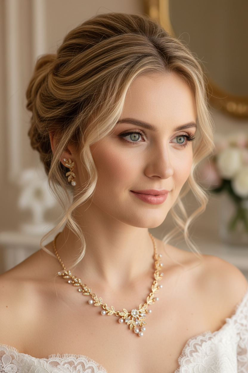 Strass & Perlen Schmuckset Gold – Collier & Ohrringe im eleganten Blätterdesign | ONDEGO®