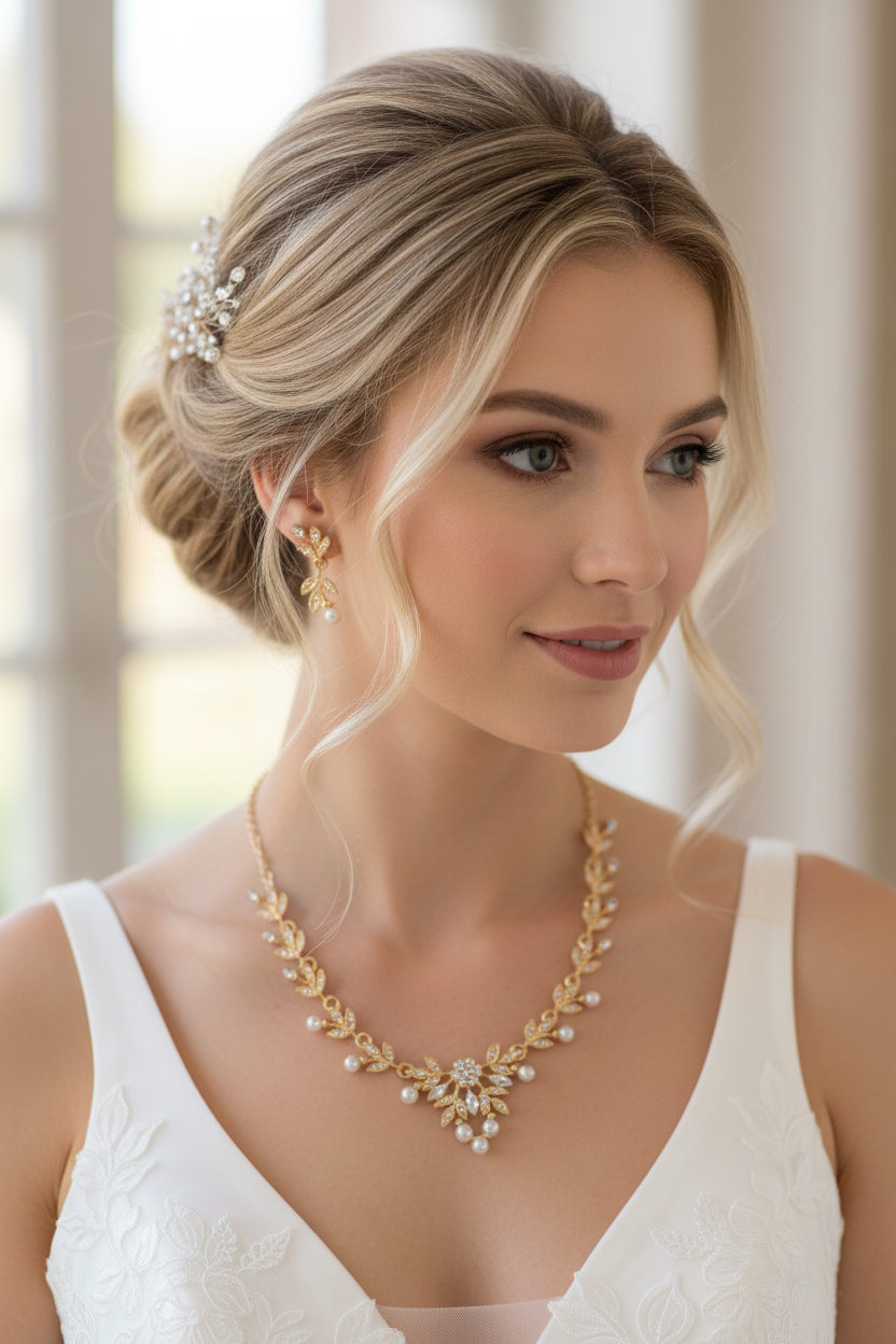 Strass & Perlen Schmuckset Gold – Collier & Ohrringe im eleganten Blätterdesign | ONDEGO®