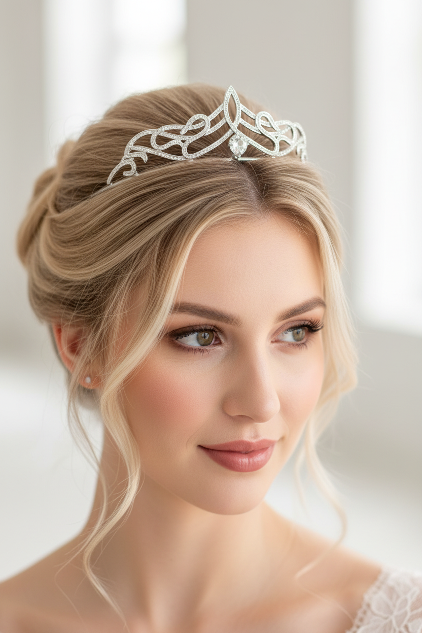 Diadem Silber – Strass & Zirkonia Tiara mit Ösen 4,5 cm hoch | ONDEGO®