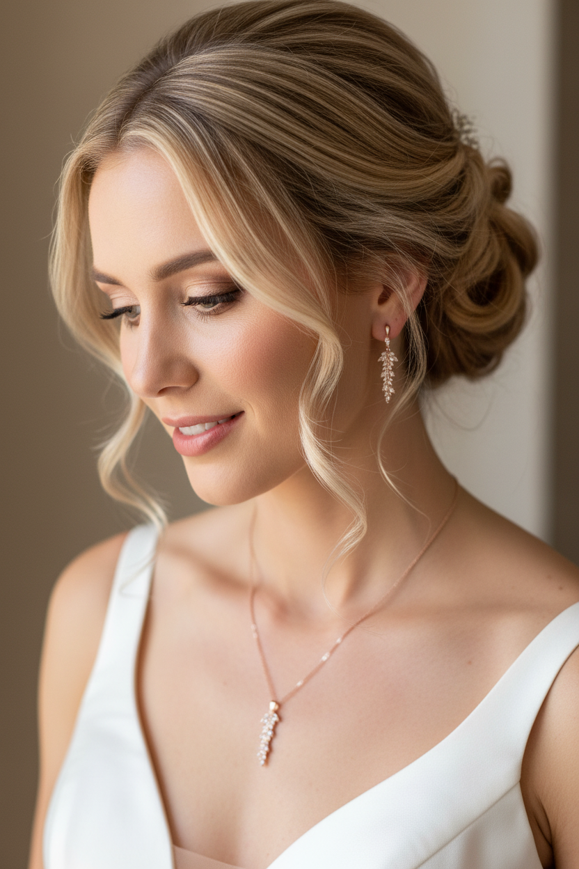 Schmuckset Roségold mit Blatt Design – Halskette & Ohrringe mit Zirkonia | Brautschmuck Hochzeit Damen