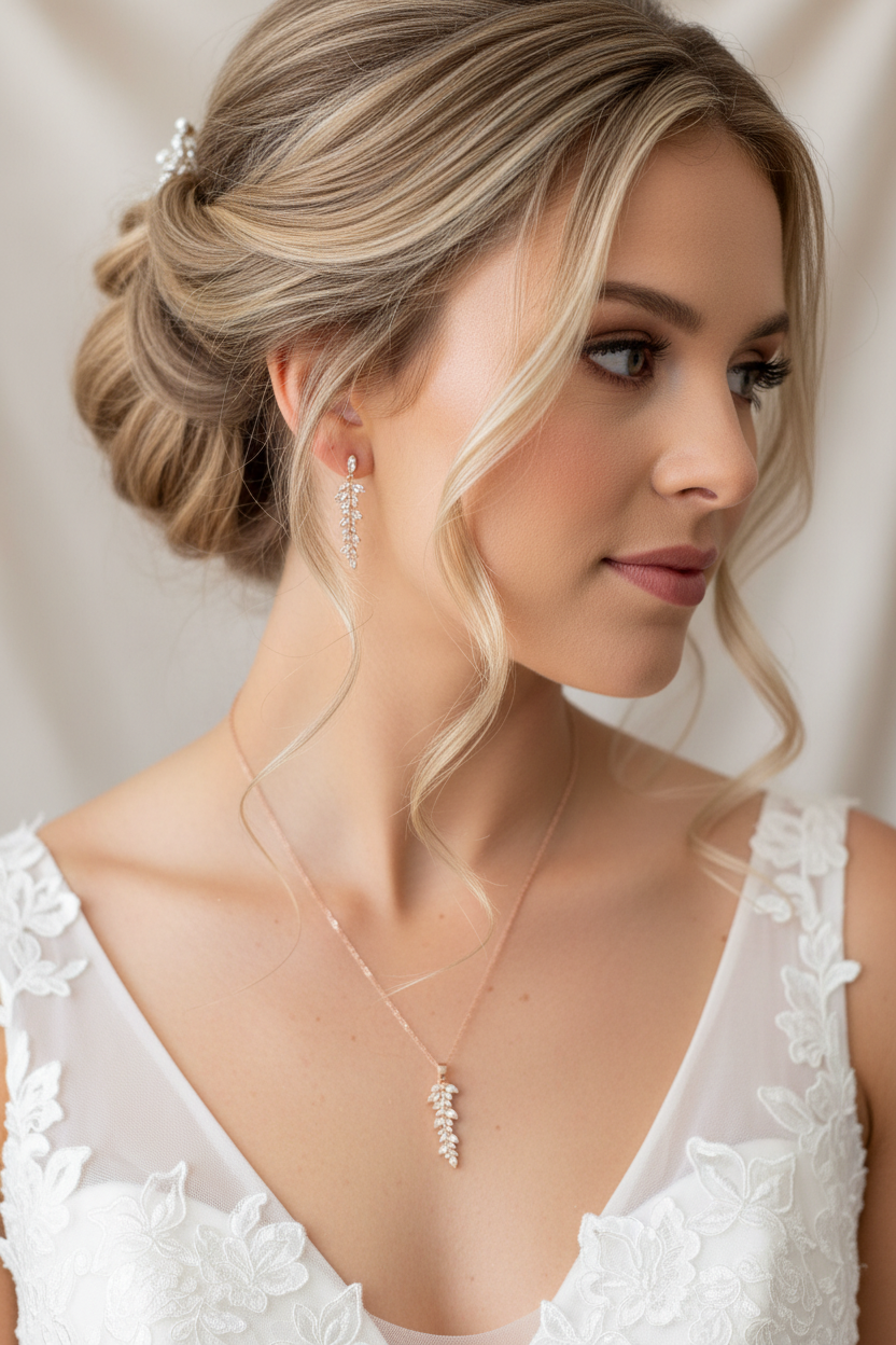 Schmuckset Roségold mit Blatt Design – Halskette & Ohrringe mit Zirkonia | Brautschmuck Hochzeit Damen