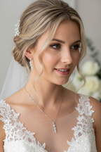 Brautschmuck Set Silber – Zirkonia Blätter Kette & Ohrringe mit optionaler Rückenkette | ONDEGO®