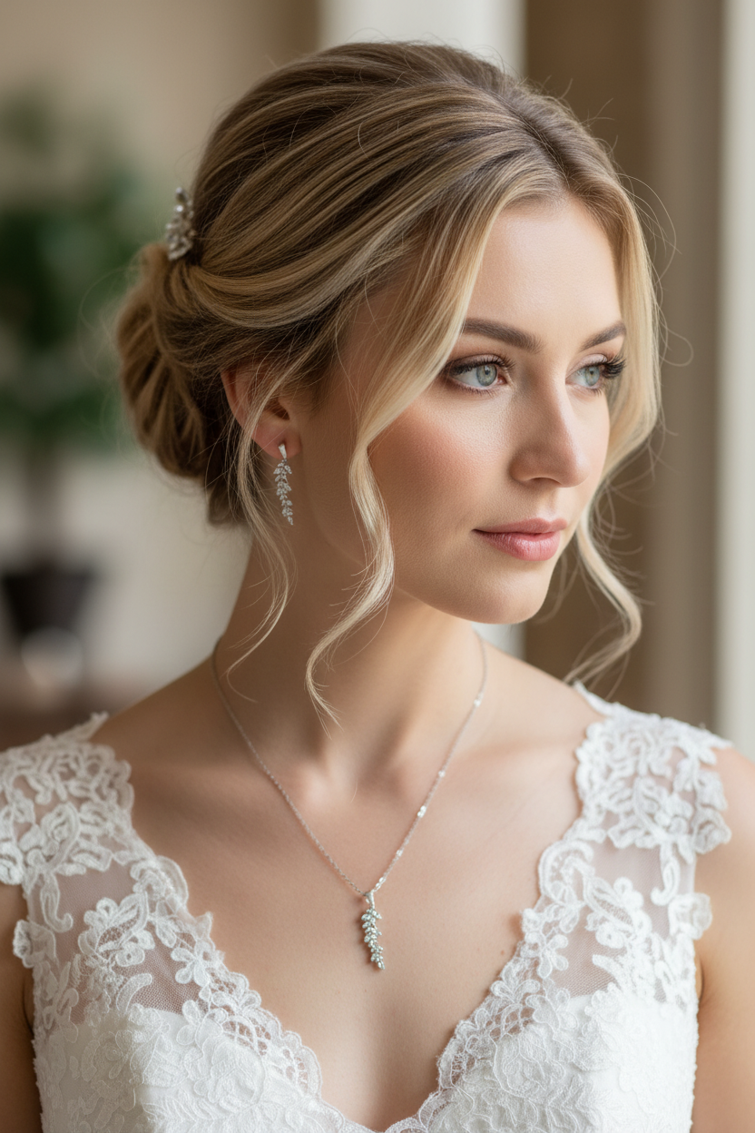 Brautschmuck Set Silber – Zirkonia Blätter Kette & Ohrringe mit optionaler Rückenkette | ONDEGO®