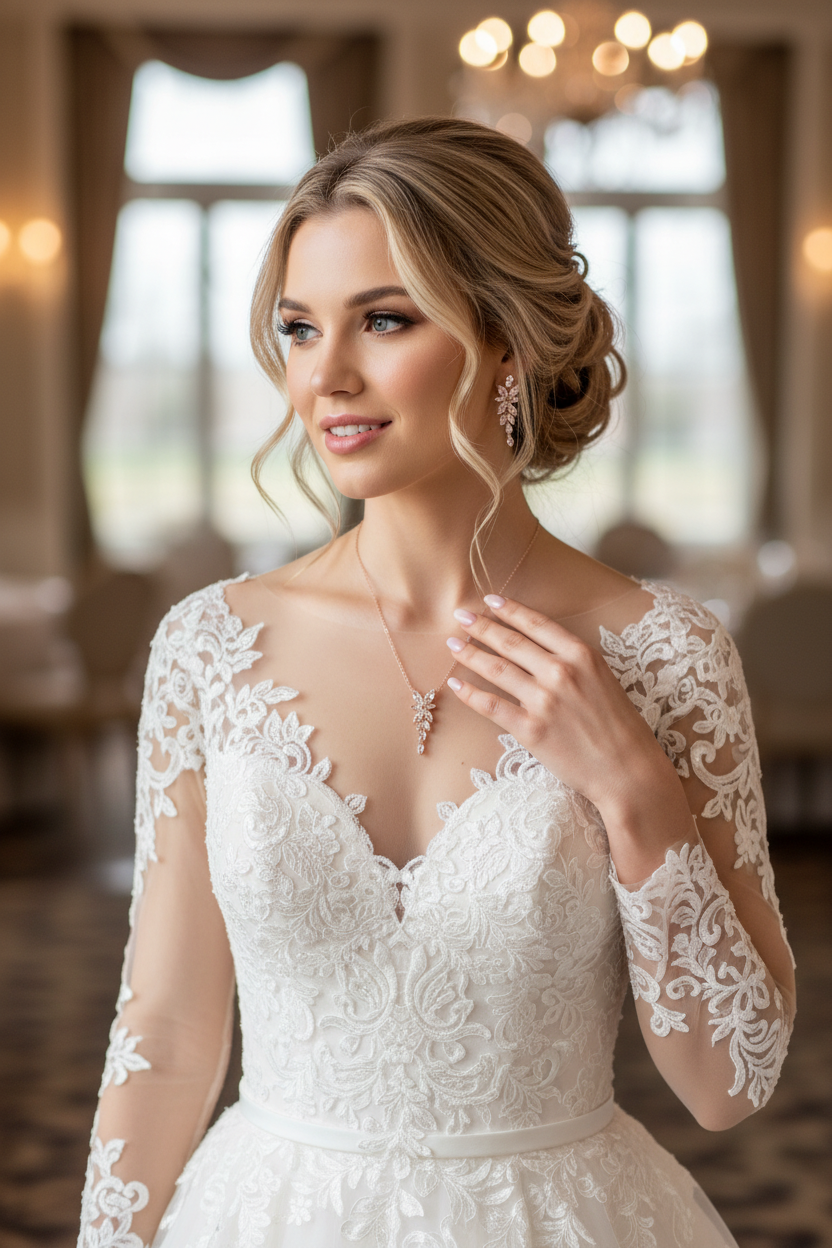 Brautschmuck Set Roségold – Zirkonia Kette & Ohrringe 3,5 cm filigran elegant | ONDEGO®