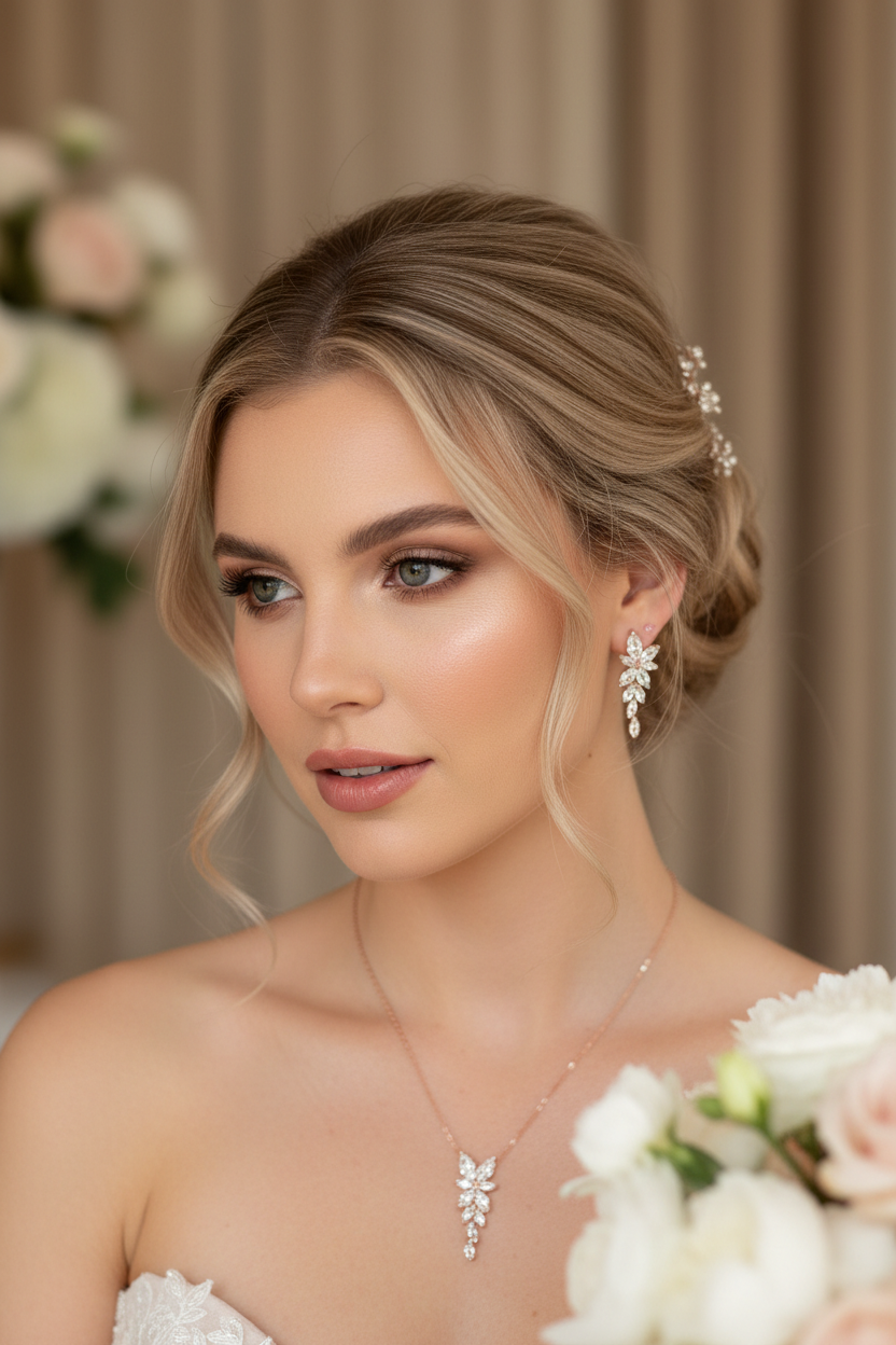 Brautschmuck Set Roségold – Zirkonia Kette & Ohrringe 3,5 cm filigran elegant | ONDEGO®