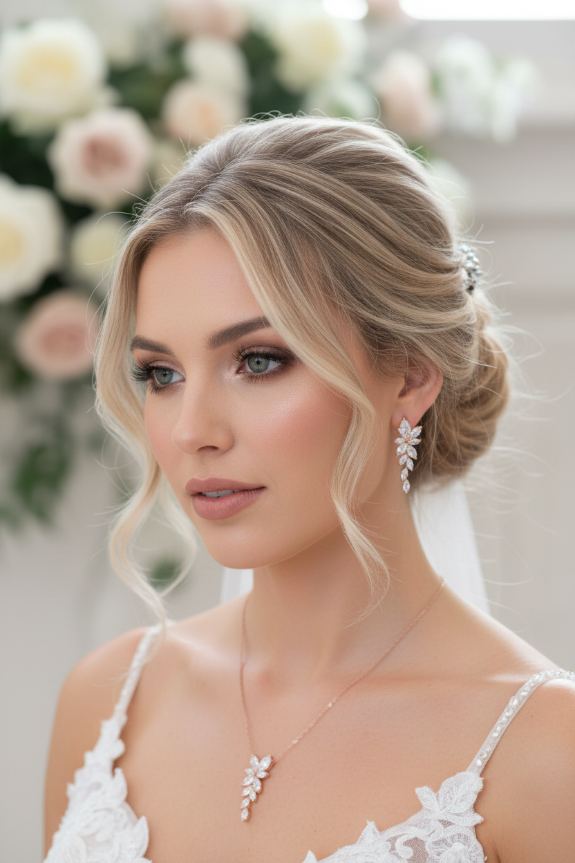 Brautschmuck Set Roségold – Zirkonia Kette & Ohrringe 3,5 cm filigran elegant | ONDEGO®