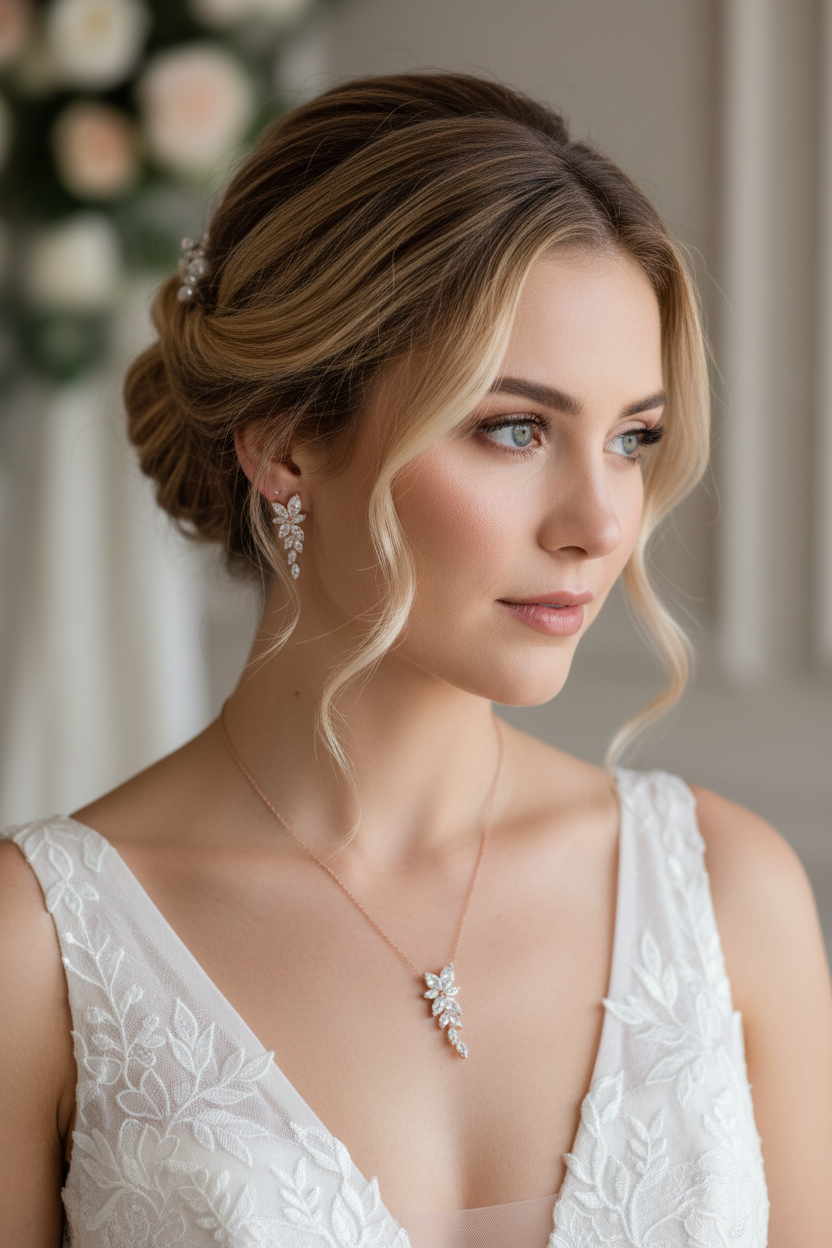 Brautschmuck Set Roségold – Zirkonia Kette & Ohrringe 3,5 cm filigran elegant | ONDEGO®