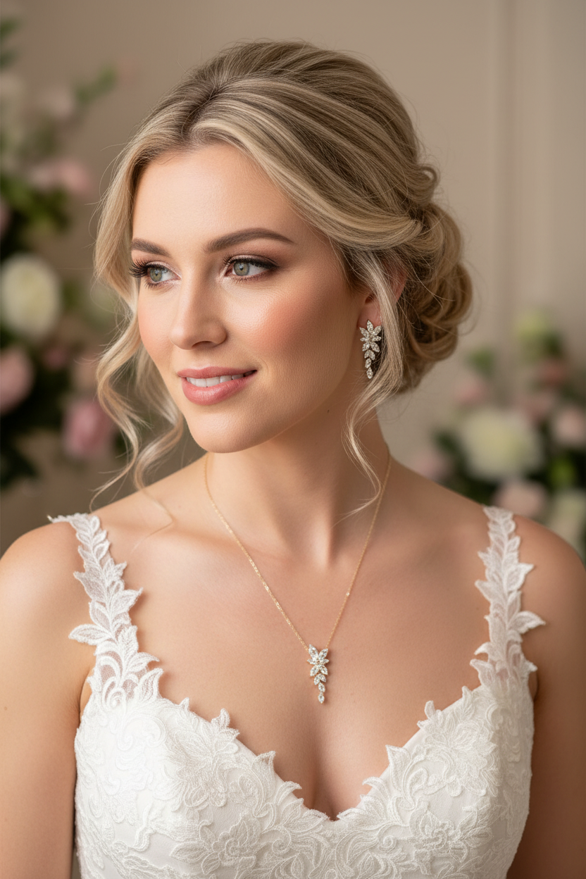 Brautschmuck Set Gold – Zirkonia Kette & Ohrringe 3,5 cm elegant | ONDEGO®