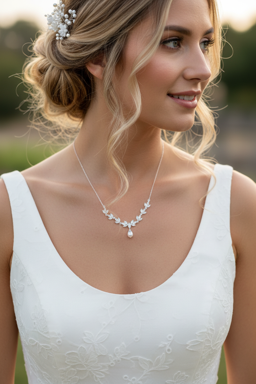 Halskette Silber mit Perle & Zirkonia – filigrane Brautkette im Blätterdesign