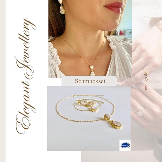ONDEGO® Brautschmuck-Set Gold mit Zirkonia – Halskette, Ohrringe & Armband