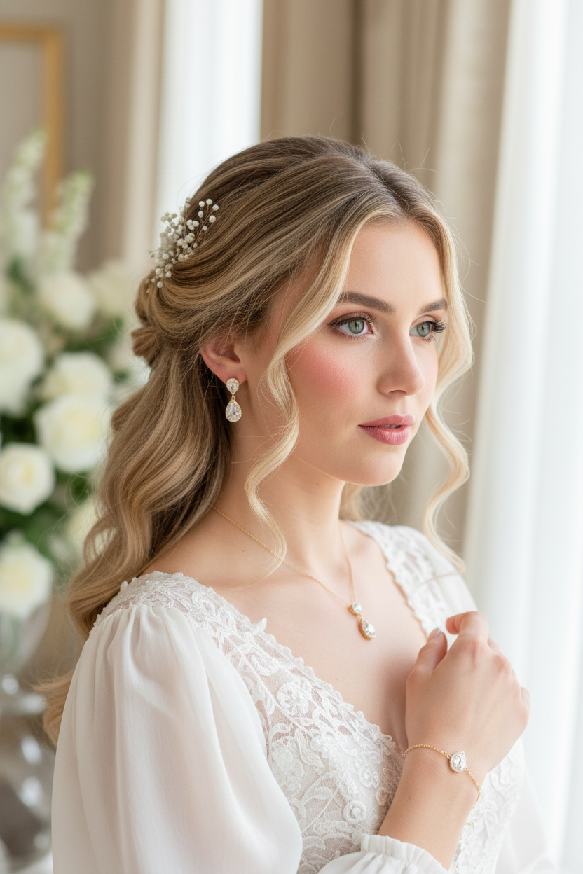 ONDEGO® Brautschmuck-Set Gold mit Zirkonia – Halskette, Ohrringe & Armband