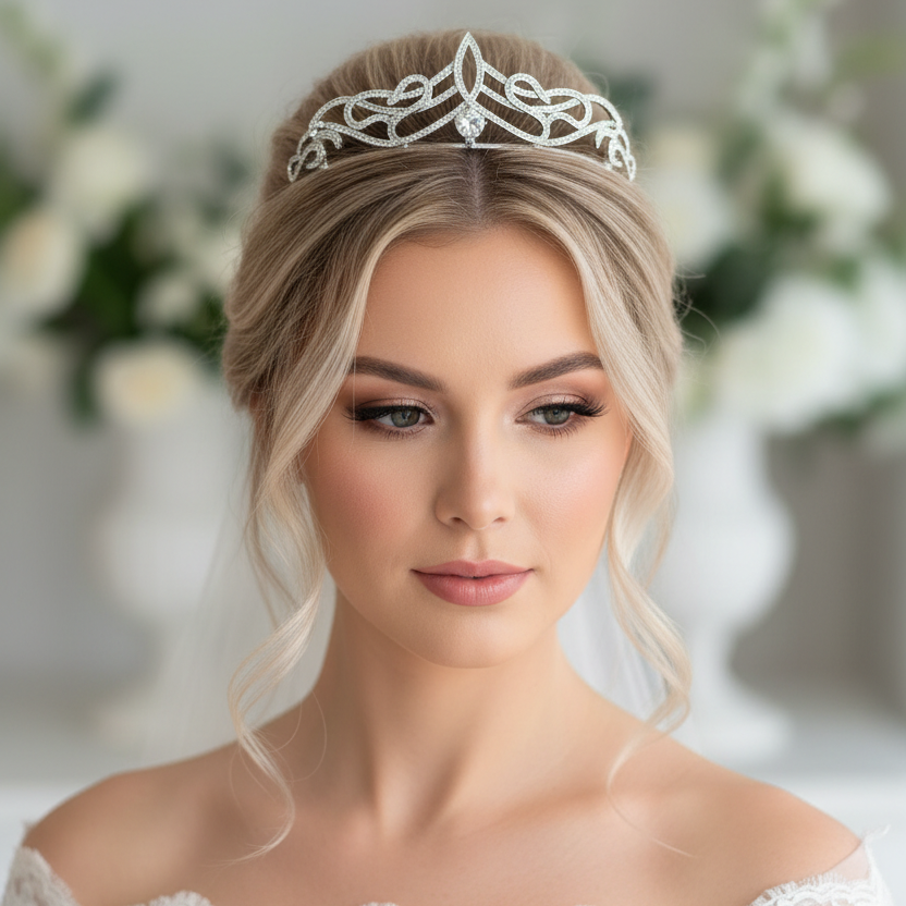 Diadem Silber – Strass & Zirkonia Tiara mit Ösen 4,5 cm hoch | ONDEGO®