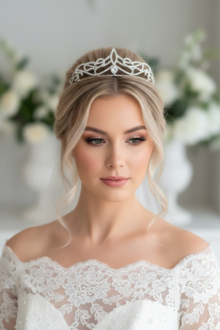 Diadem Silber – Strass & Zirkonia Tiara mit Ösen 4,5 cm hoch | ONDEGO®