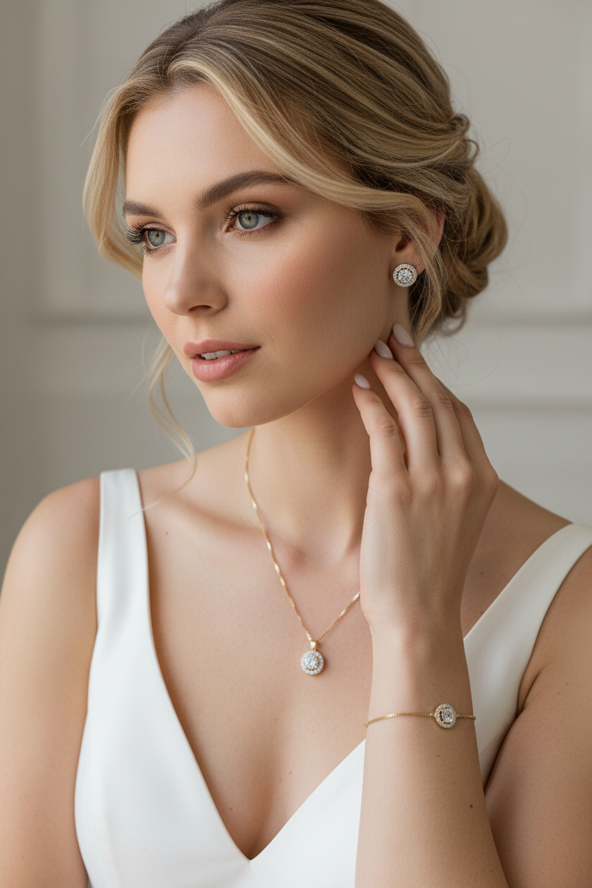 Zirkonia & Strass Schmuckset in Gold – Halskette, Ohrringe & Armband | ONDEGO®