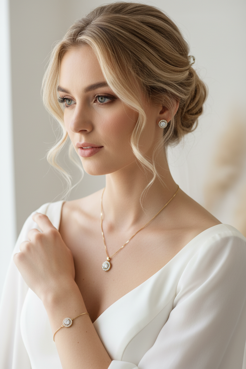 Zirkonia & Strass Schmuckset in Gold – Halskette, Ohrringe & Armband | ONDEGO®