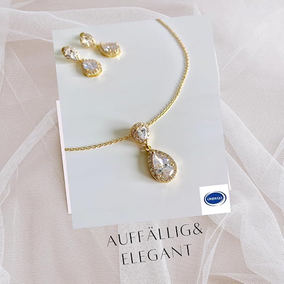 ONDEGO® Brautschmuck-Set Gold mit Zirkonia – Halskette, Ohrringe & Armband