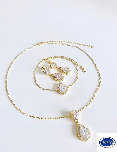 ONDEGO® Brautschmuck-Set Gold mit Zirkonia – Halskette, Ohrringe & Armband
