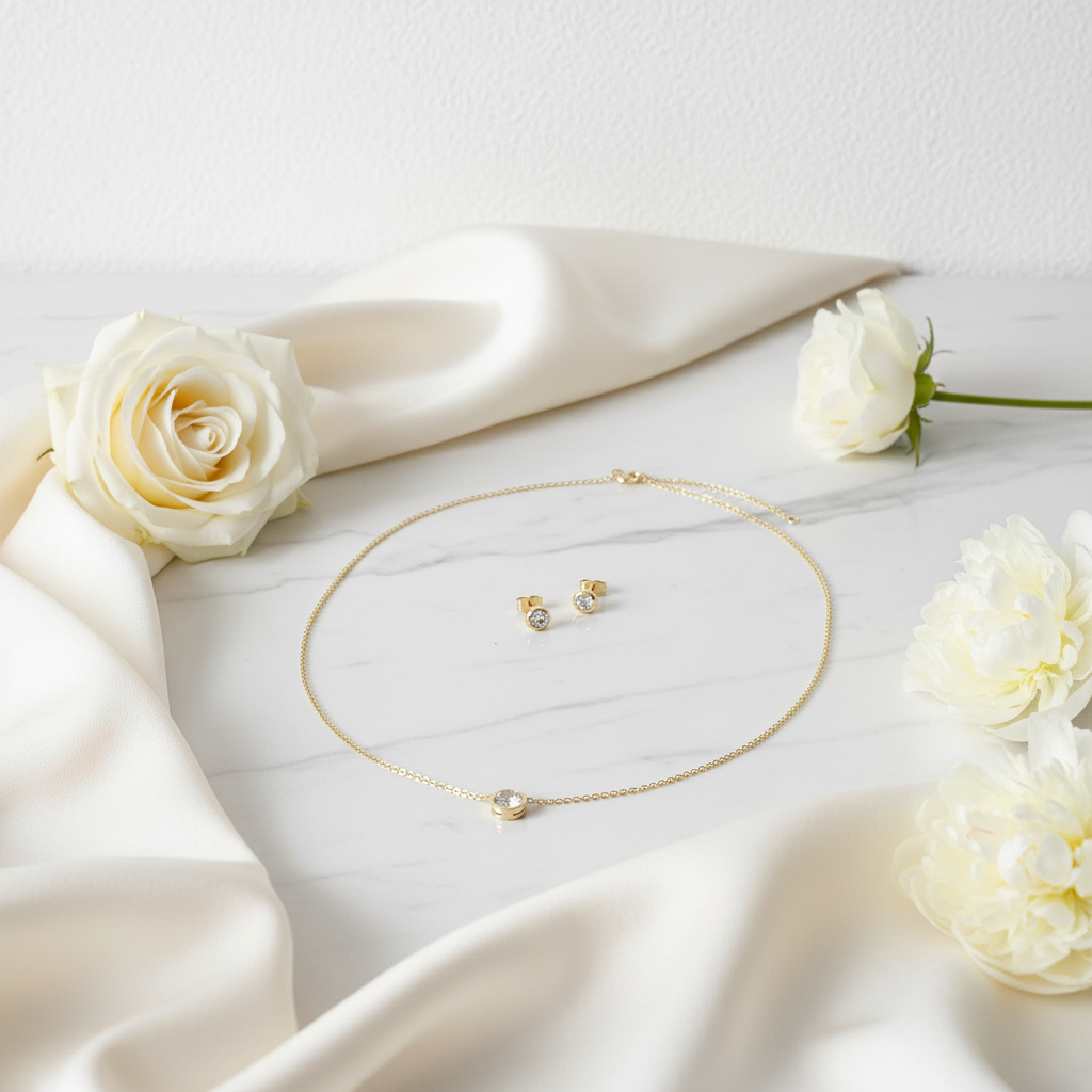 Dezentes Zirkonia Schmuckset Gold – Halskette & Ohrringe | Eleganter Brautschmuck | ONDEGO®