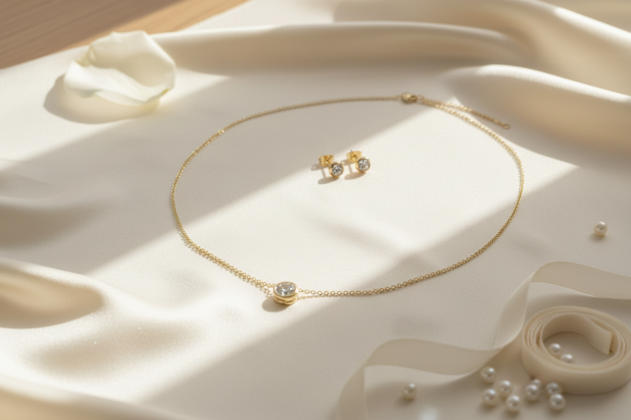 Dezentes Zirkonia Schmuckset Gold – Halskette & Ohrringe | Eleganter Brautschmuck | ONDEGO®