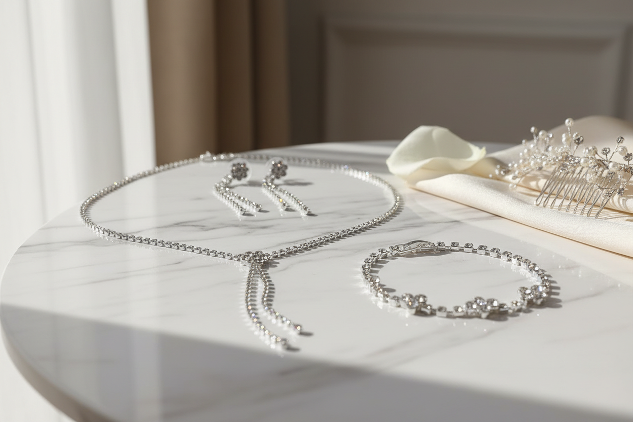 Strass Schmuckset Silber – Collier, Ohrringe & Armband 3-teilig | ONDEGO®