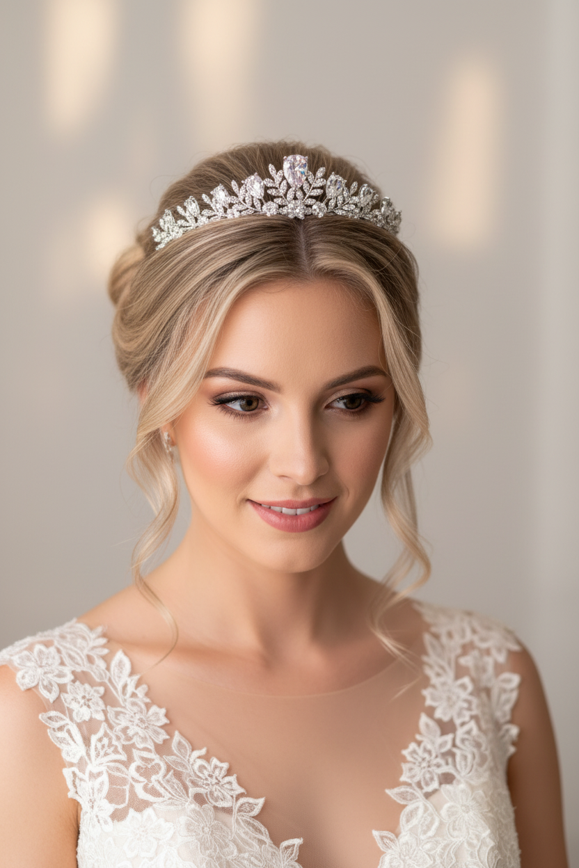 Zirkonia Diadem Silber – Tiara 4 cm hoch filigran | ONDEGO®