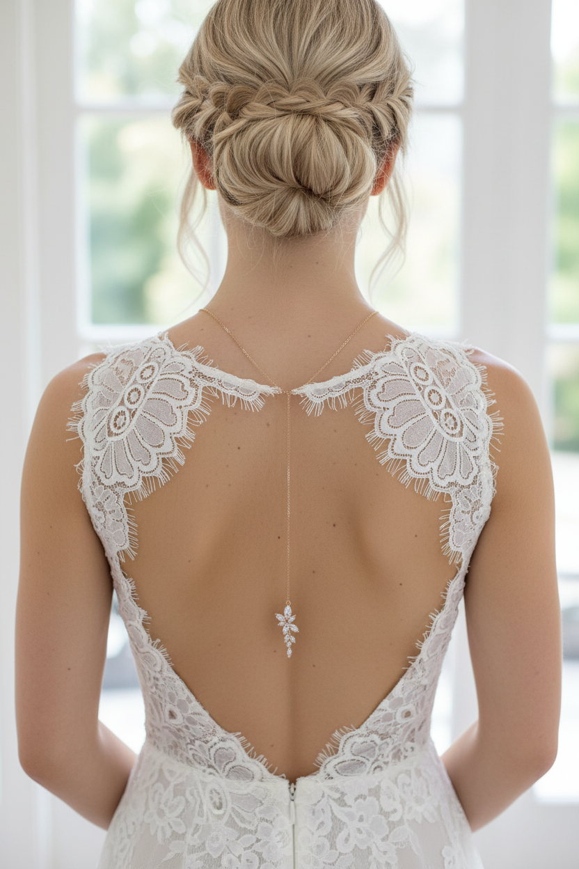 Elegante Rückenkette mit Zirkonia-Blätter Anhänger – filigraner Rückenschmuck | ONDEGO®