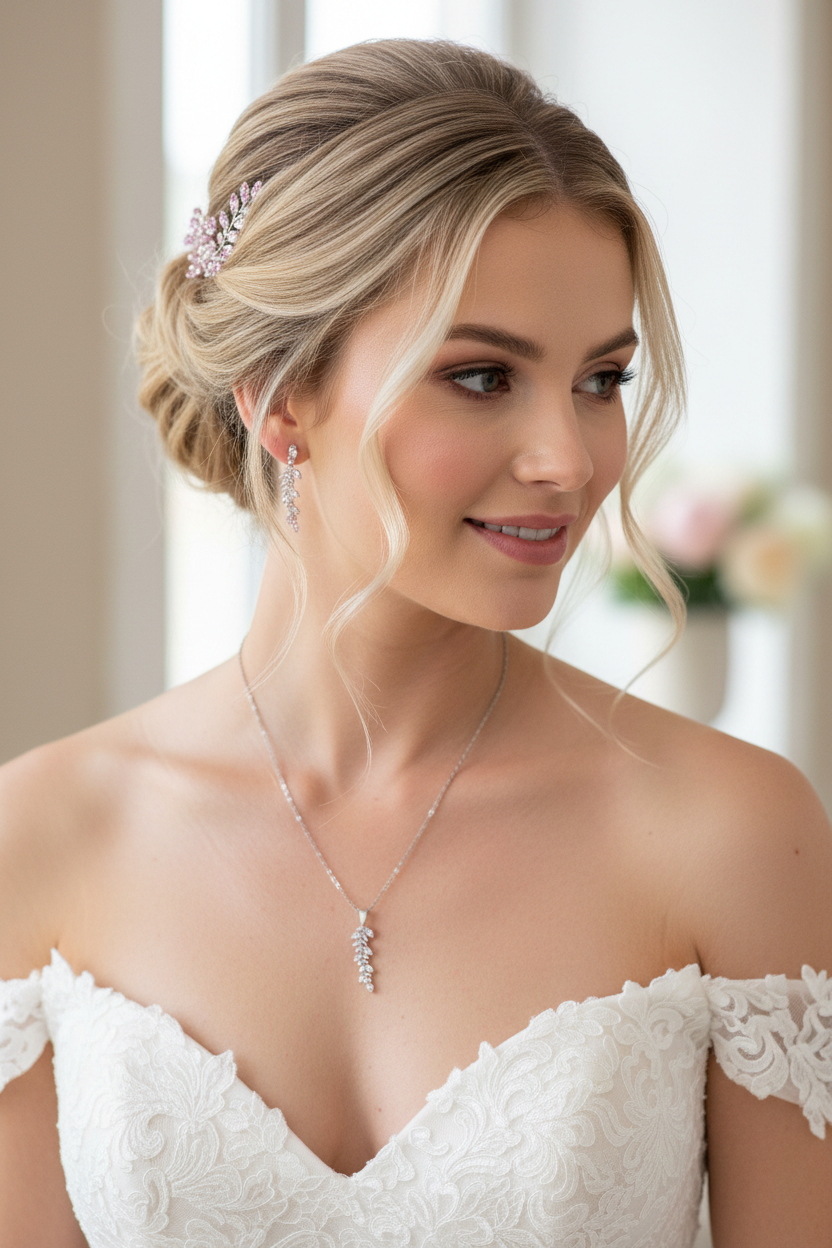 Brautschmuck Set Silber – Zirkonia Blätter Kette & Ohrringe mit optionaler Rückenkette | ONDEGO®