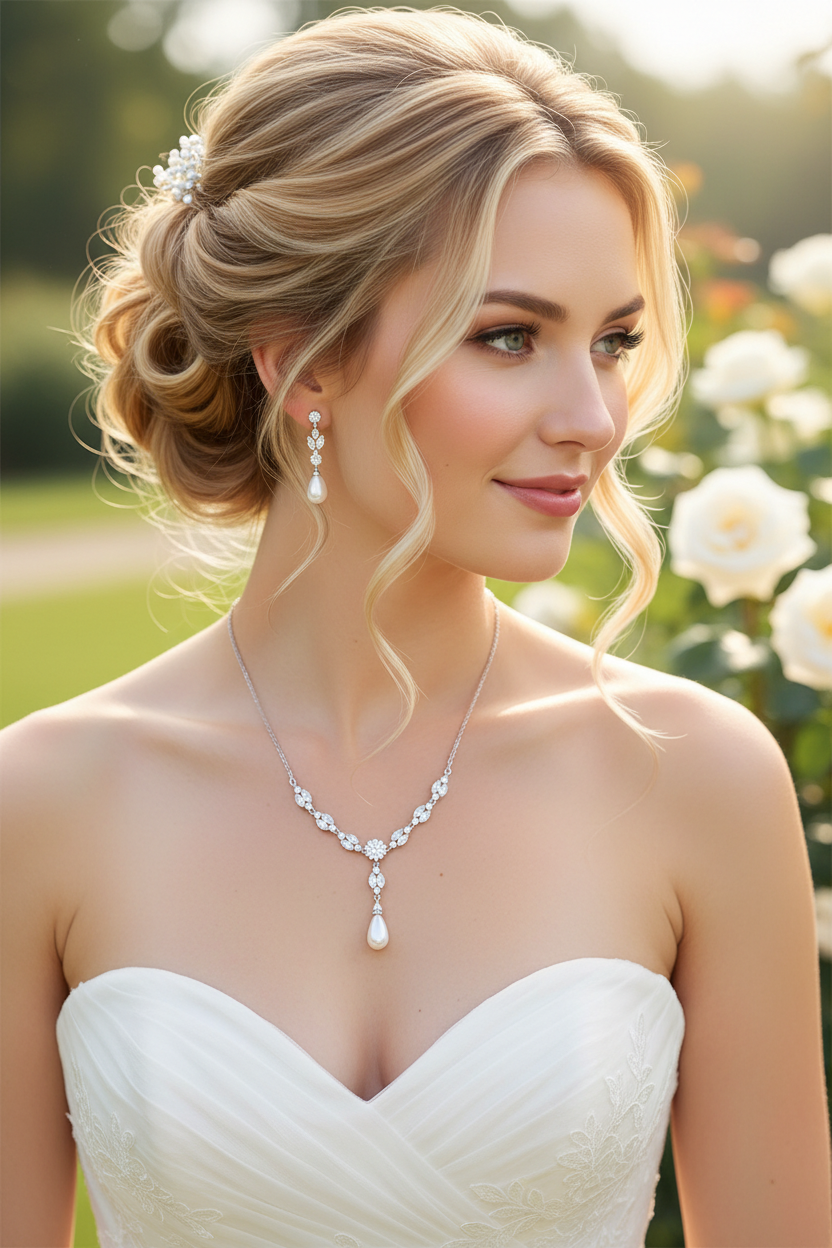 Elegantes Brautschmuck Set Silber – Zirkonia Kette & Ohrringe | ONDEGO®